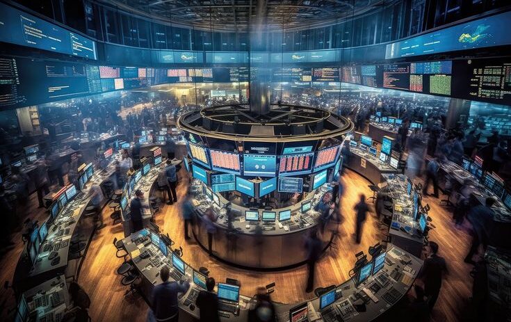 The interior of a room in a brokerage or securities building, sh